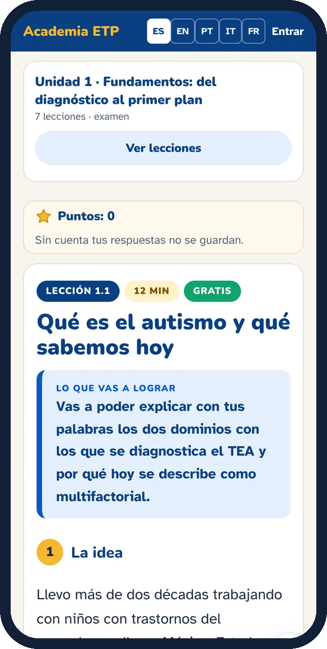 La lección 1.1 de Academia ETP en un celular: qué es el autismo y qué sabemos hoy