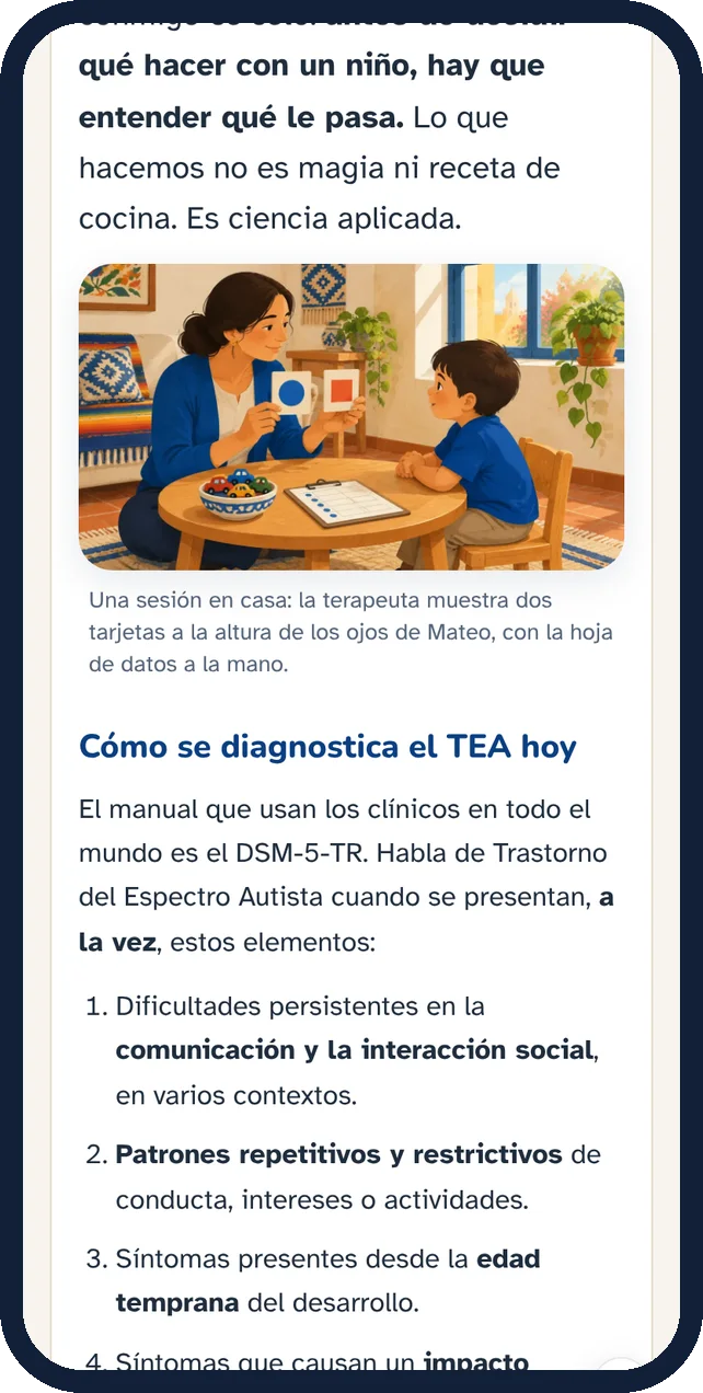 Una ilustración dentro de la lección: la terapeuta muestra dos tarjetas a Mateo a la altura de sus ojos