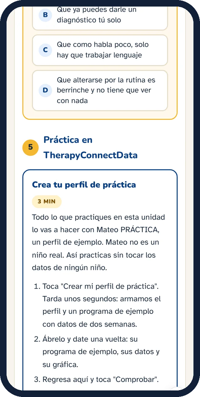 La parte de práctica de la lección: crea tu perfil de práctica en TherapyConnectData