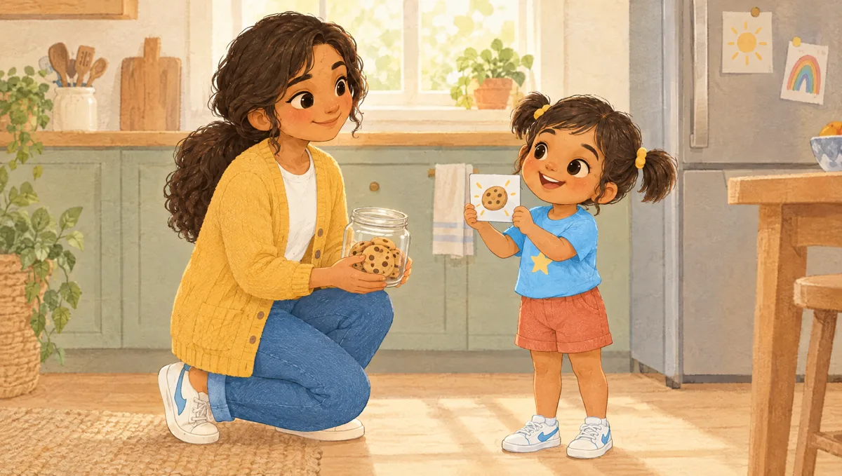 Unidad 3: Sofía pide una galleta con una tarjeta y Laura sostiene el frasco