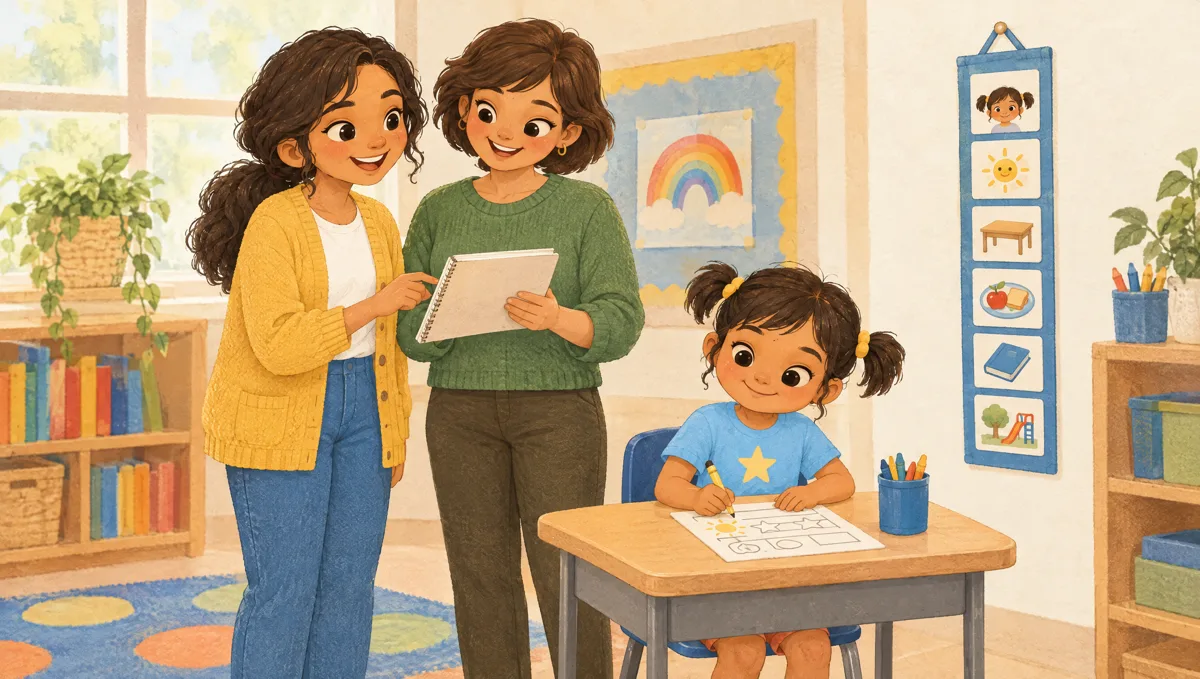 Unidad 5: Laura, la maestra y Sofía en un pupitre con un horario de dibujos