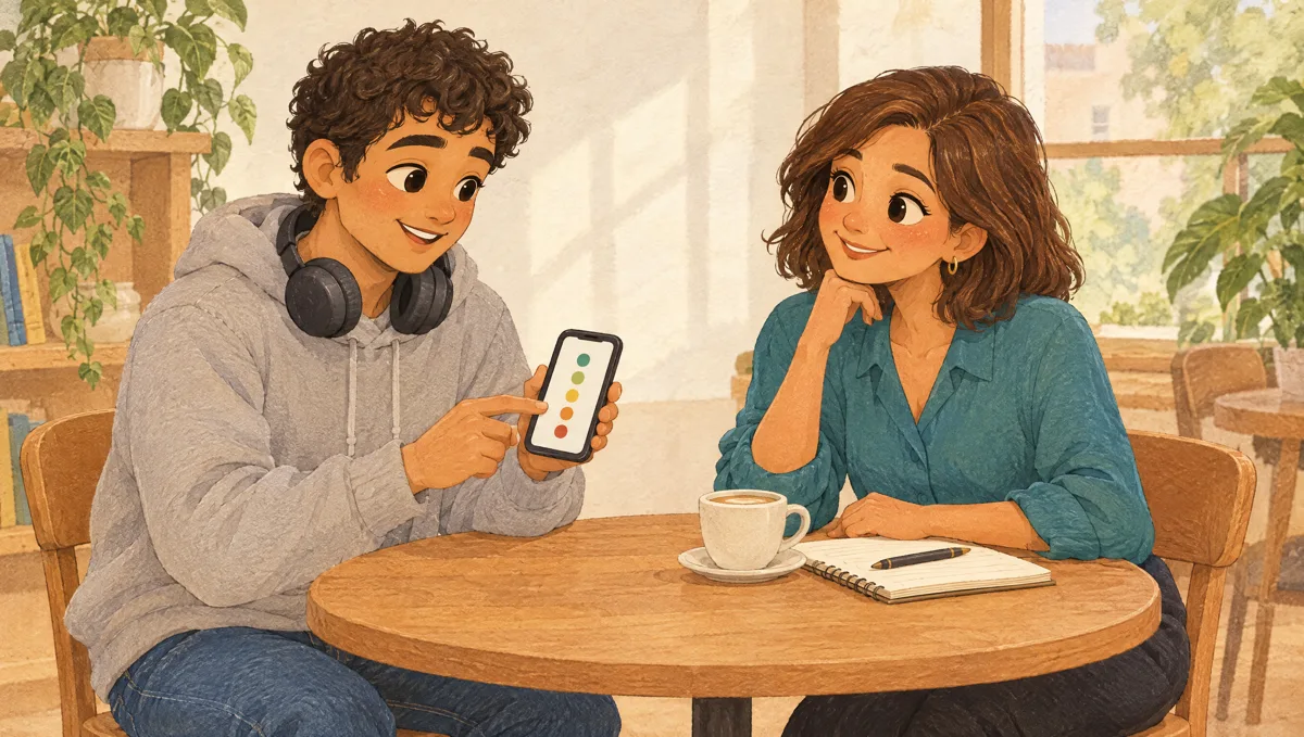 Unidad 6: un joven adulto autista le muestra su celular a su coach en una mesa de café