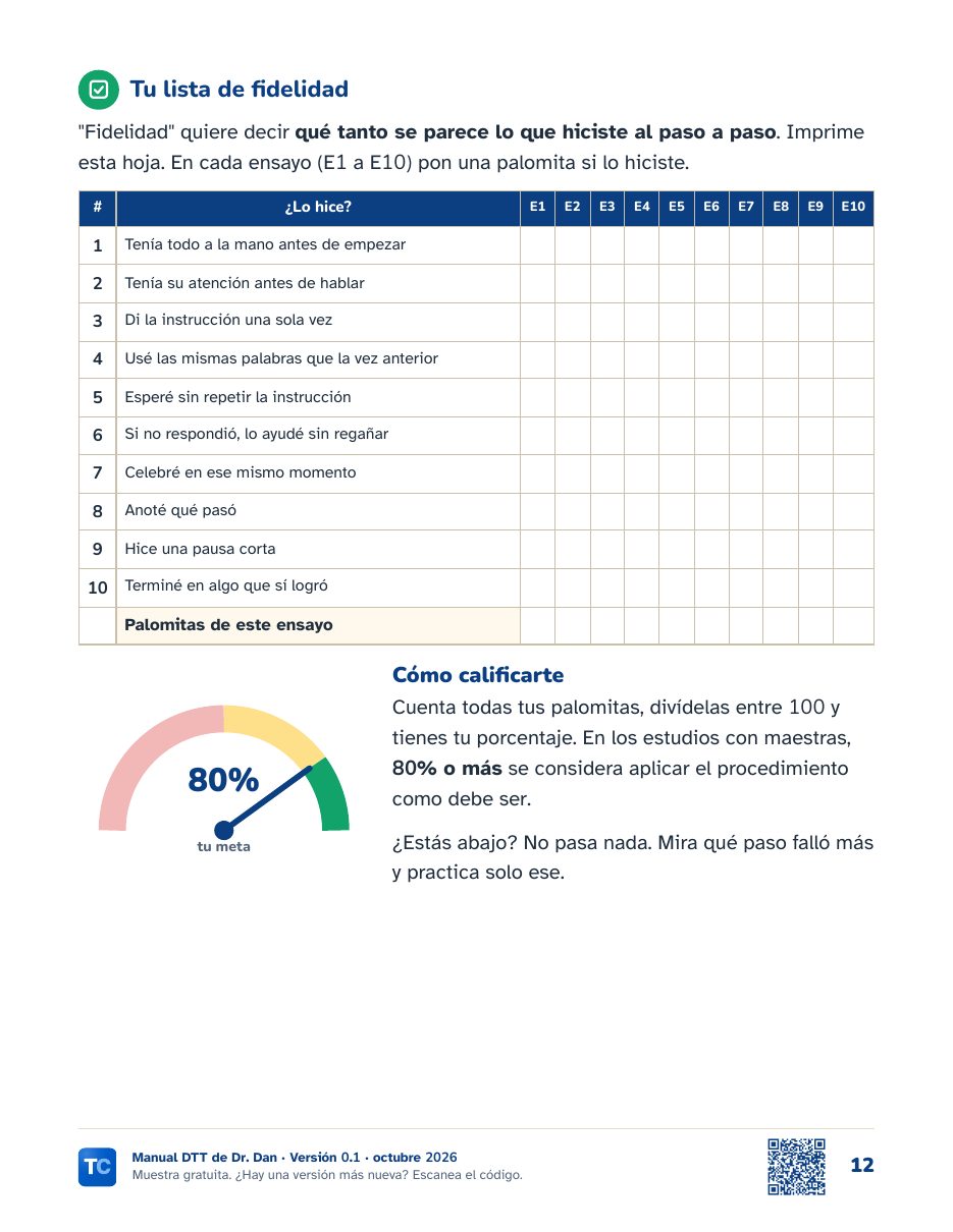 Hoja para imprimir con la lista de fidelidad y una meta de 80 por ciento